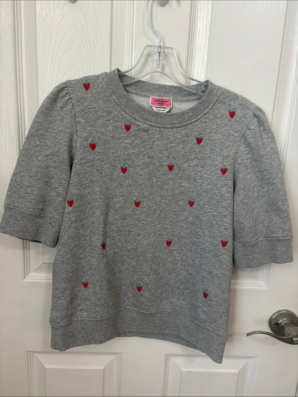 kate spade Gray Short Sleeve Sweatshirt with Red Strawberry Embroidery